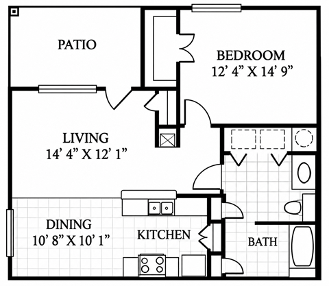 Floor plan for 1 bed, 1 bath, 814 sqft